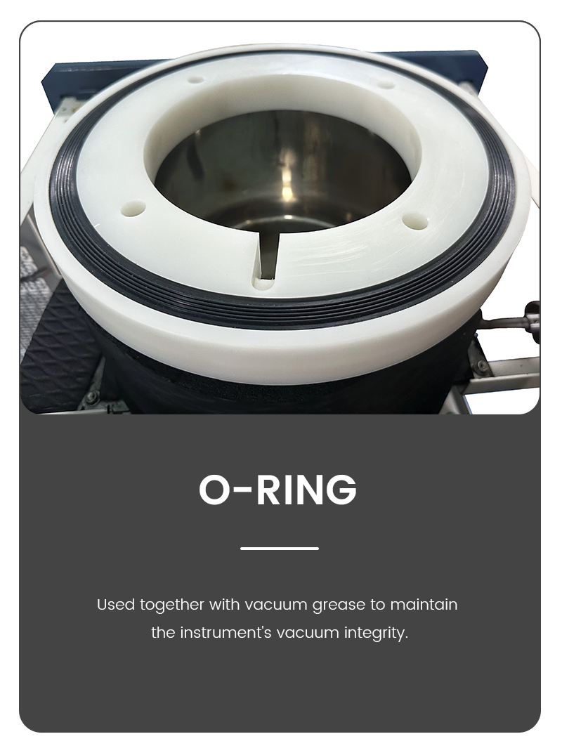 Infographic of a laboratory freeze dryer O-ring seal, showcasing the black rubber gasket design used with vacuum grease to maintain complete vacuum integrity.